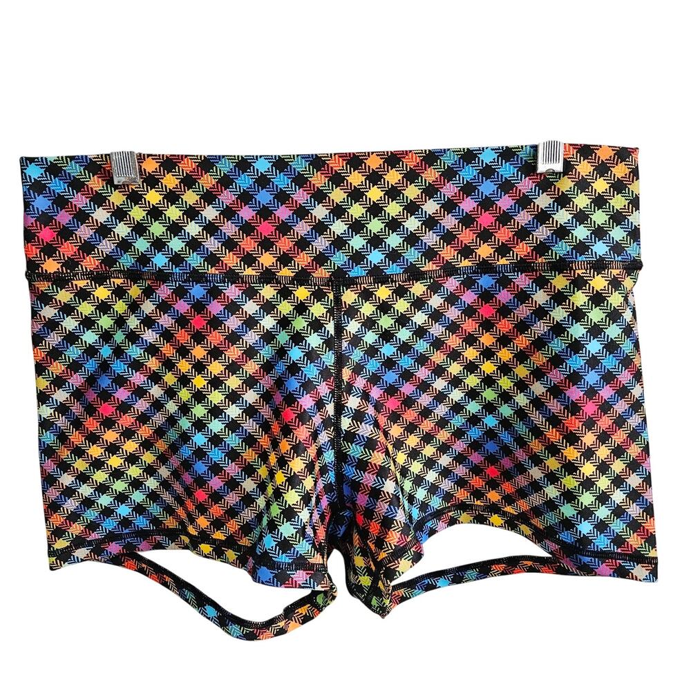 Peachy Women's XL Serenity Squat Proof Shortie Shorts Rainbow Neon Checkered